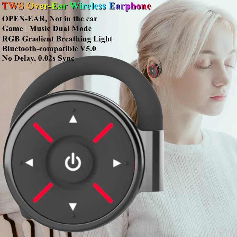 TWS Over-Ear Wireless Headphones Bluetooth 5.0 – Som Lossless, Gancho para Ouvido e Dual Mode para Jogos e Música