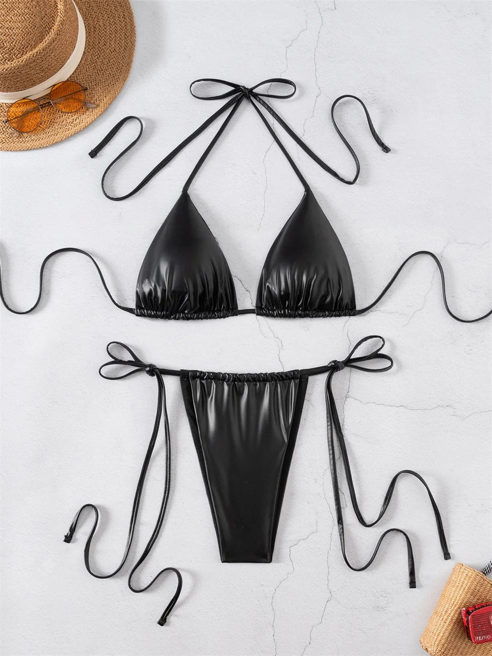 Black Micro Bikini in Glossy PU – Y2K Style