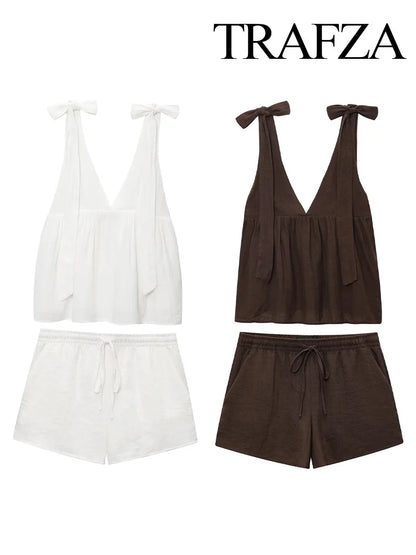 V-Neck Backless Sleeveless Top & Drawstring Slim Shorts Set – Chic Two Piece