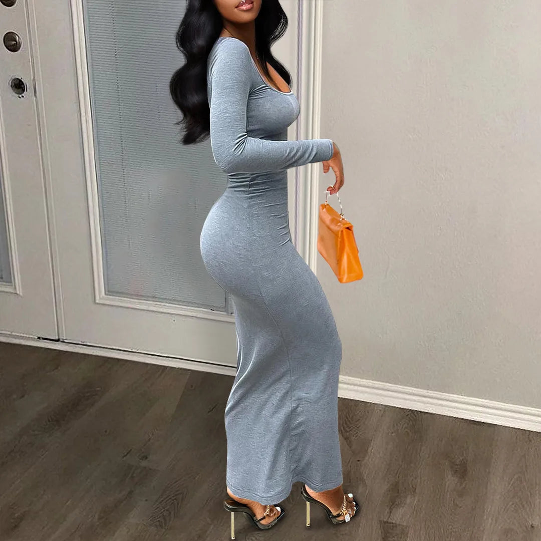 Casual Bodycon Mini Dress — U-Neck Ribbed, Buttoned Pocket Design