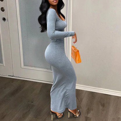 Casual Bodycon Mini Dress — U-Neck Ribbed, Buttoned Pocket Design