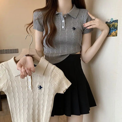 Embroidered Polo T-shirt — Retro Slim Fit Knit Top