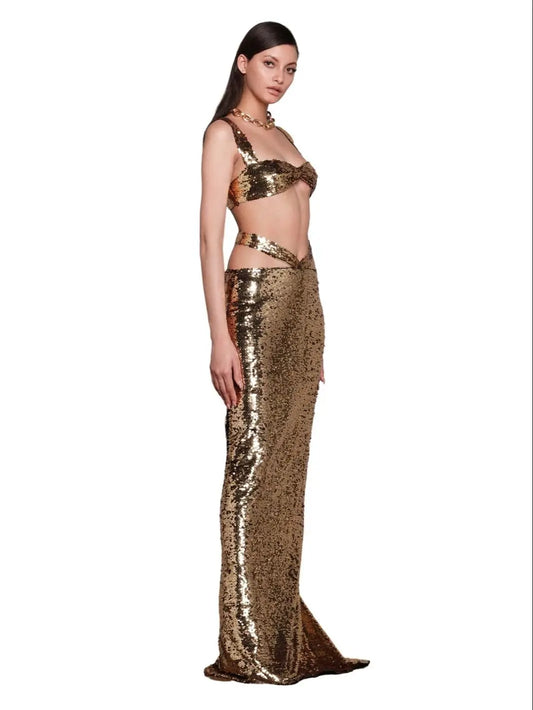 Brown Glitter Maxi Skirt Set