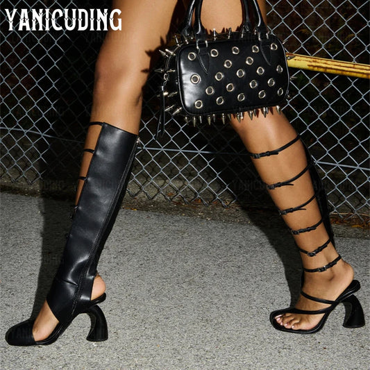 CurveStep | Asymmetrical Gladiator Sandal Boots – Glossy Snakeskin