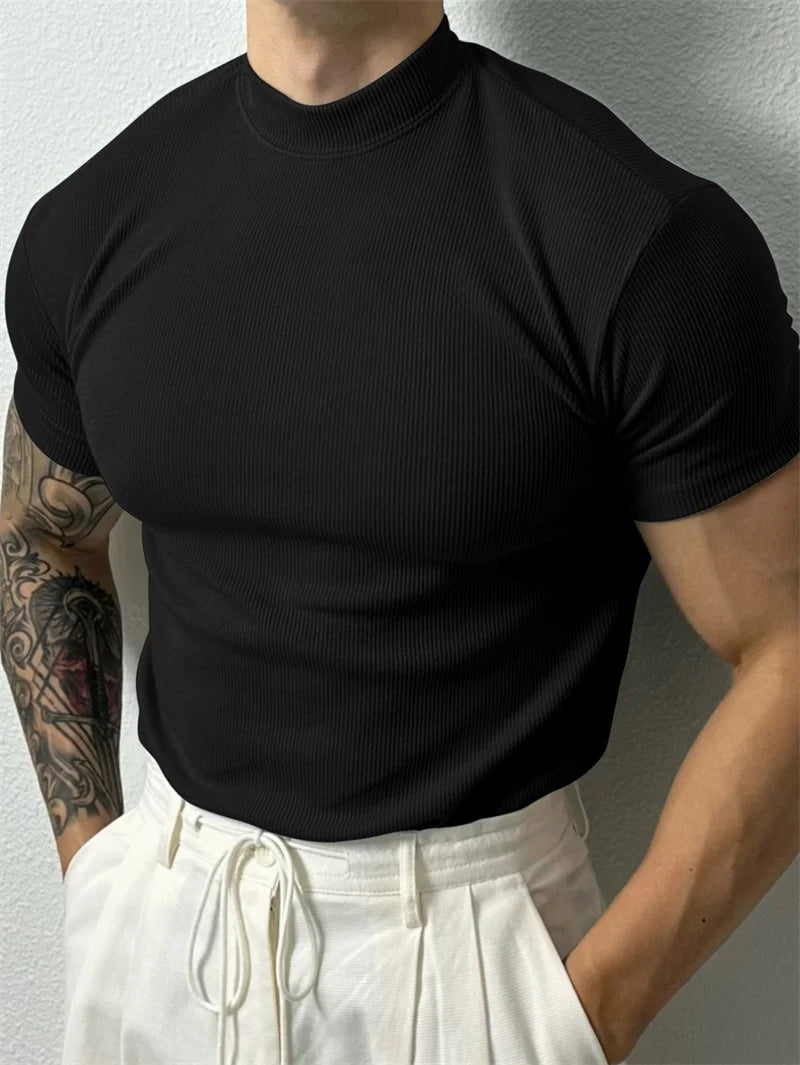 High Collar Stripe Fitness T-Shirt – Short Sleeve Sport & Leisure Top