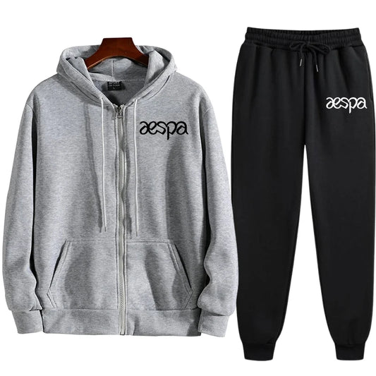 Printed Hoodie & Joggers Set – Zipper Overcoat Combo