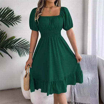 Casual Midi Dress — Square Neck, Short Sleeve, Waist Ruffle Edge