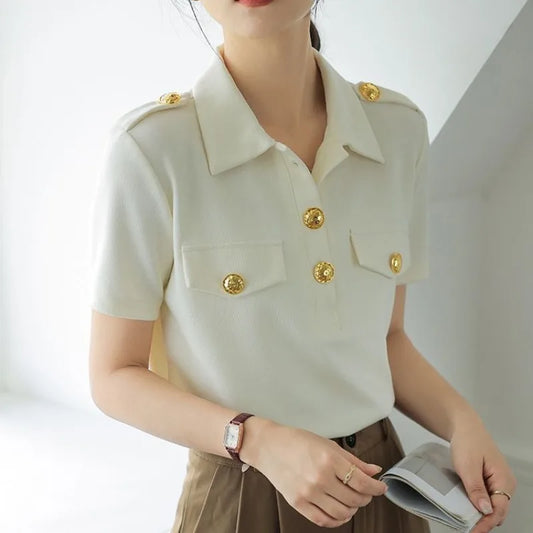 Button Spliced Polo Top — Casual Summer Slim Tee