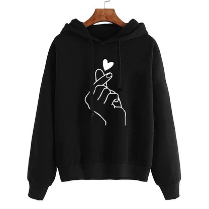 Solid Fleece Hoodie — Korean Finger Heart Print, Drawstring Pockets
