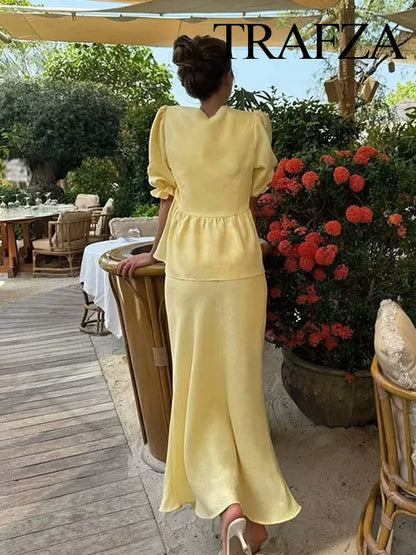 Puff Sleeve Lace-up Top & Fishtail Midi Skirt Set – French Style Elegant Suit