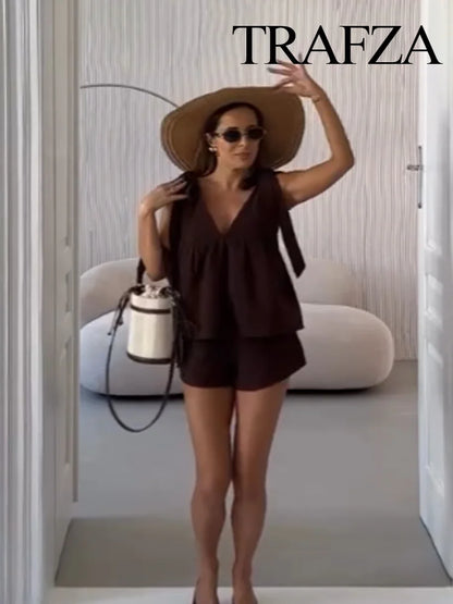 V-Neck Backless Sleeveless Top & Drawstring Slim Shorts Set – Chic Two Piece