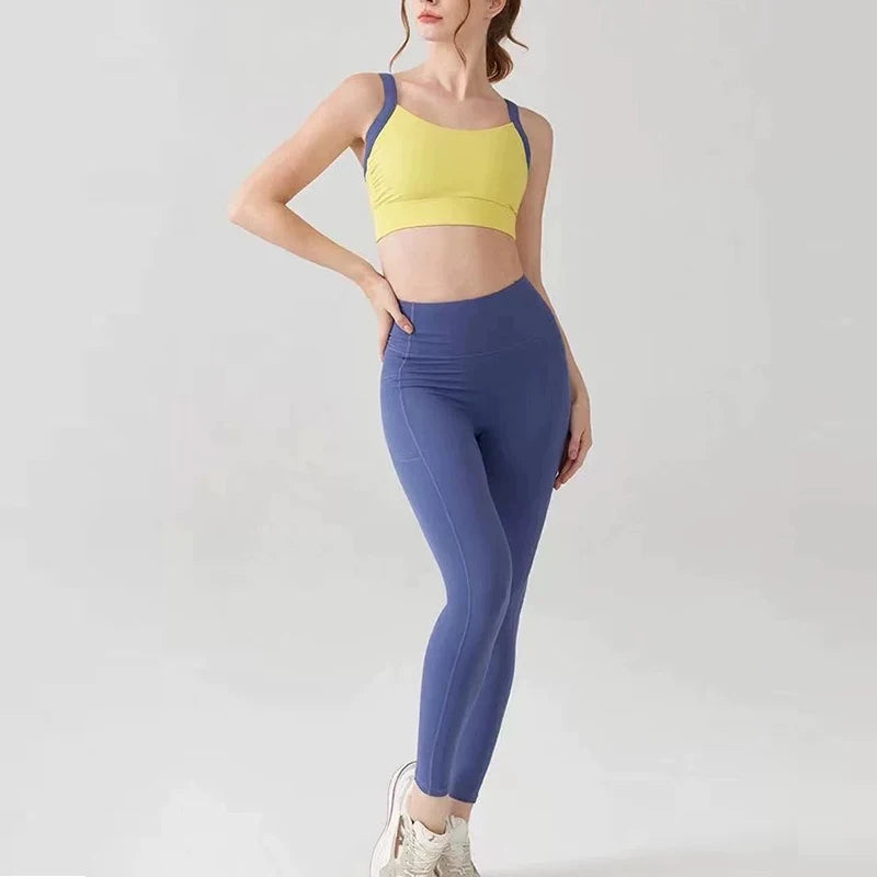 Colorblock Crossback Sports Bra & High-Waist Hip-Lift Fitness Pants Set — Seamless Activewear