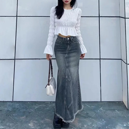 Retro Denim Long Skirt — Casual Autumn Street Style