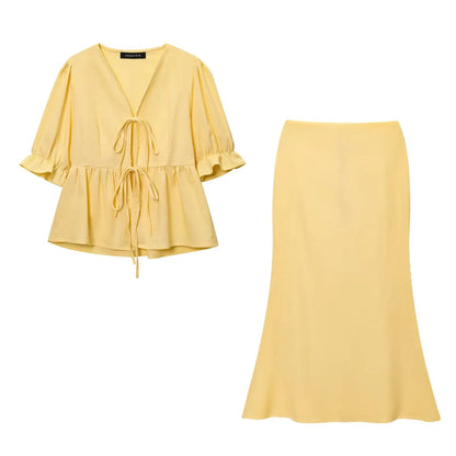 Puff Sleeve Lace-up Top & Fishtail Midi Skirt Set – French Style Elegant Suit