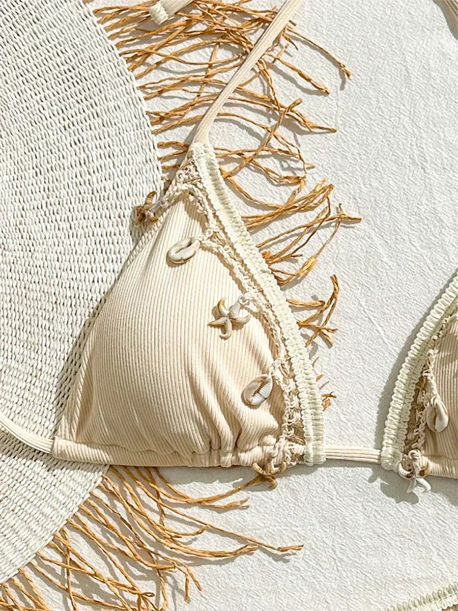 Halter Bikini with Shell Detail – Ribbed Texture