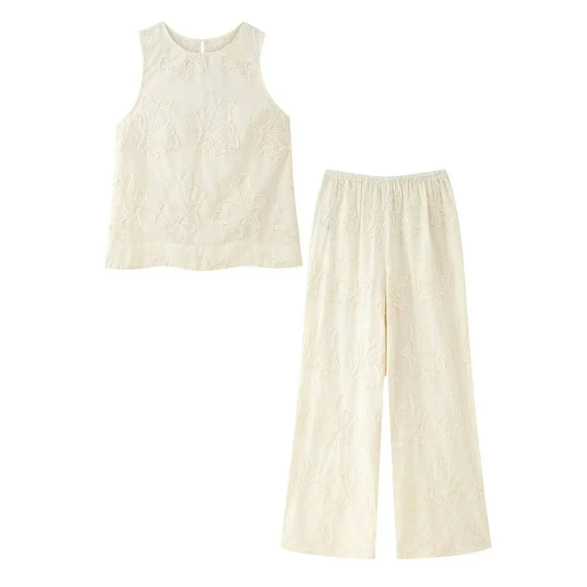 Embroidered Retro Set – Lace-up Vest & Summer Trousers