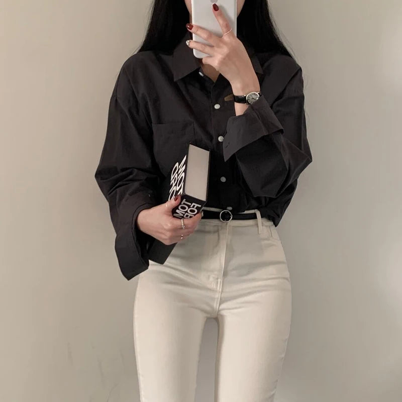 Lace Detail Blouse — Long Sleeve, Button Collar, White