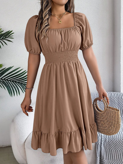 Casual Midi Dress — Square Neck, Short Sleeve, Waist Ruffle Edge