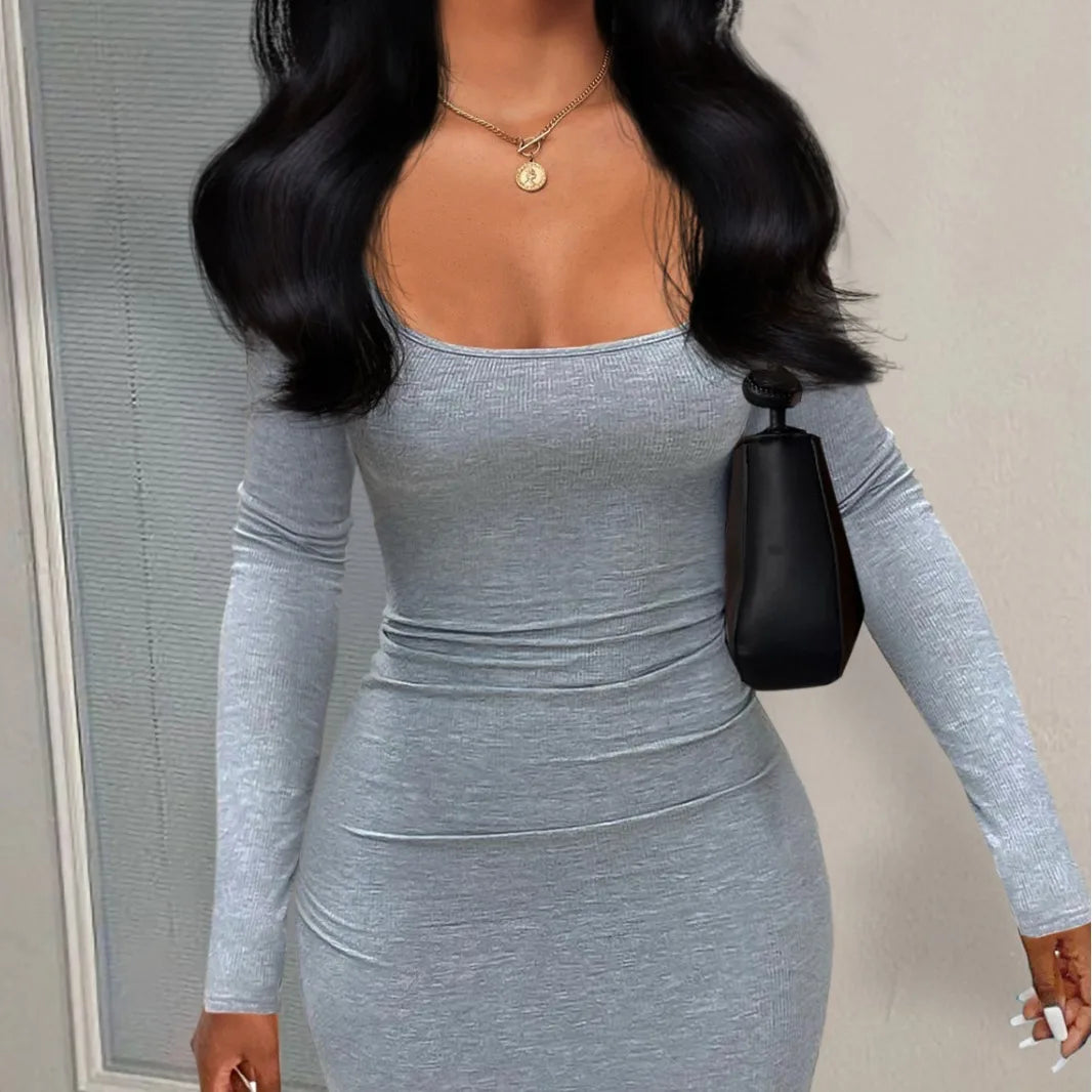 Casual Bodycon Mini Dress — U-Neck Ribbed, Buttoned Pocket Design