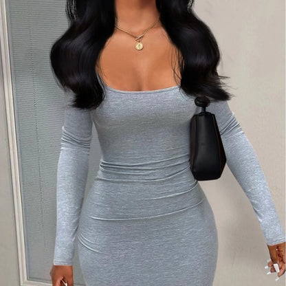 Casual Bodycon Mini Dress — U-Neck Ribbed, Buttoned Pocket Design