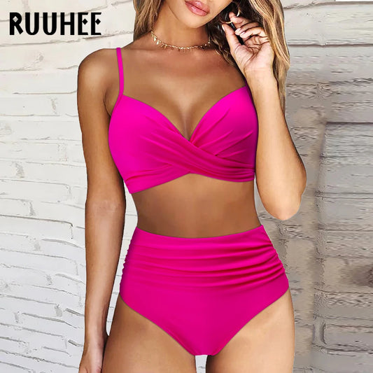 Ruched Push-Up Bikini Set – High Waist Fit