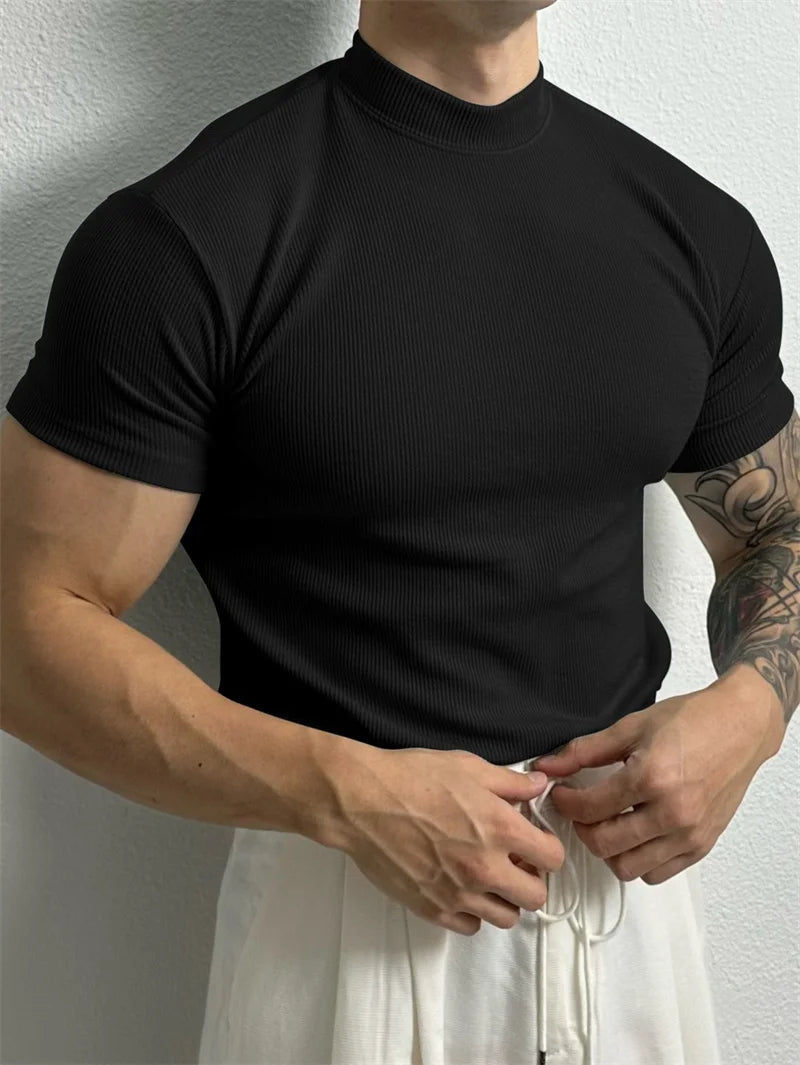 High Collar Stripe Fitness T-Shirt – Short Sleeve Sport & Leisure Top