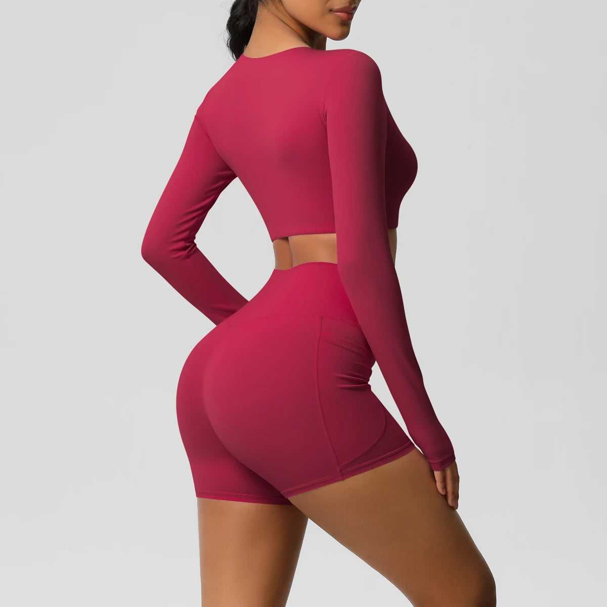2-Piece Activewear Set — Long Sleeve Crop Top & High-Waist Yoga Shorts