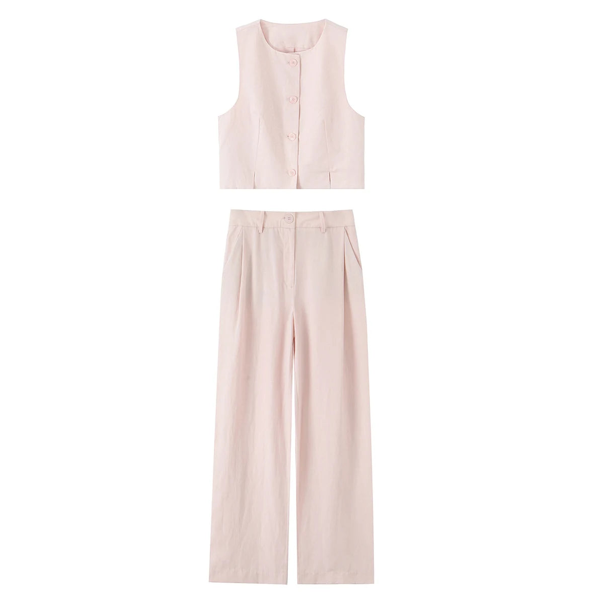 Chic Vest & Pants Suit – Casual V-neck Crop Top + Wide-leg Elastic Waist Pants