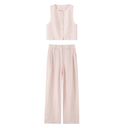 Chic Vest & Pants Suit – Casual V-neck Crop Top + Wide-leg Elastic Waist Pants
