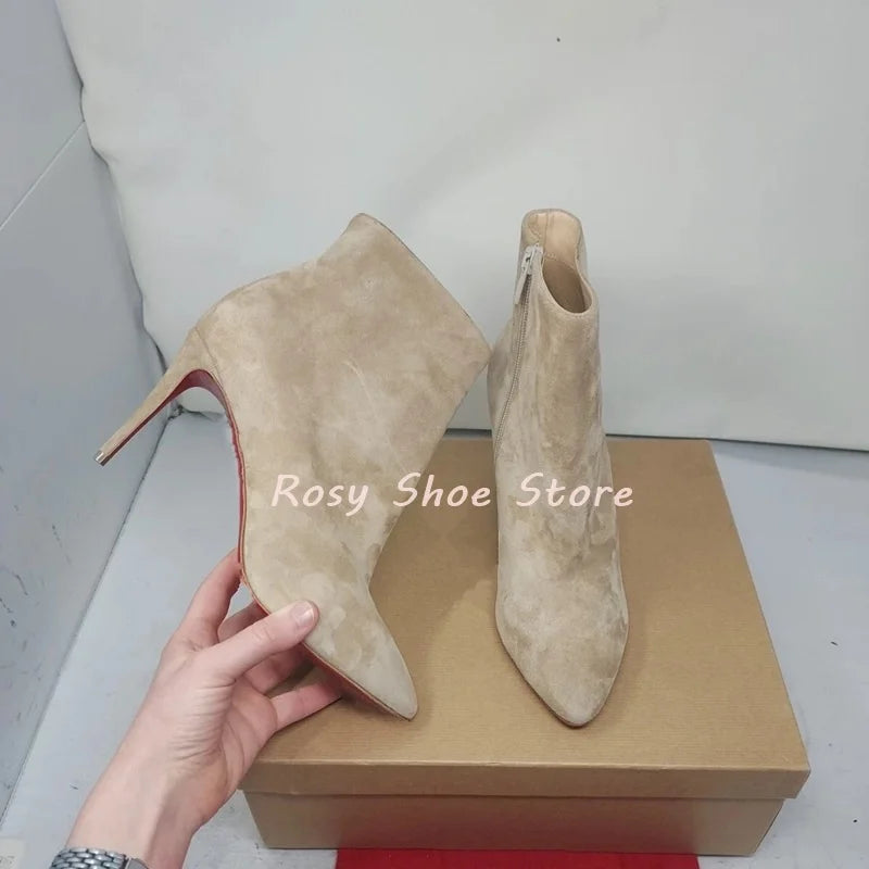 SuedeGlow | Apricot Suede Pointed Toe Ankle Boots – Side Zipper