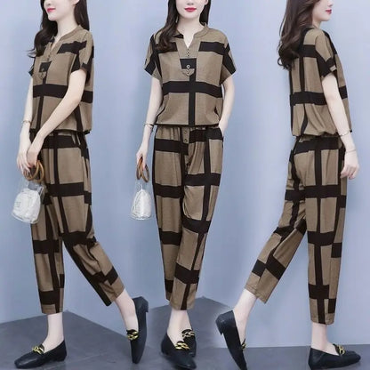 Casual Plus Size Short Sleeve Top & Harun Pants Set – Two Piece