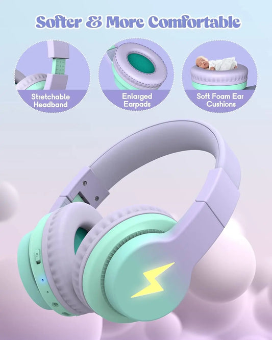 Seenda Bluetooth Wireless Headphones para Crianças – Over-Ear com Microfone, LED e Design Seguro para Escola e Viagens