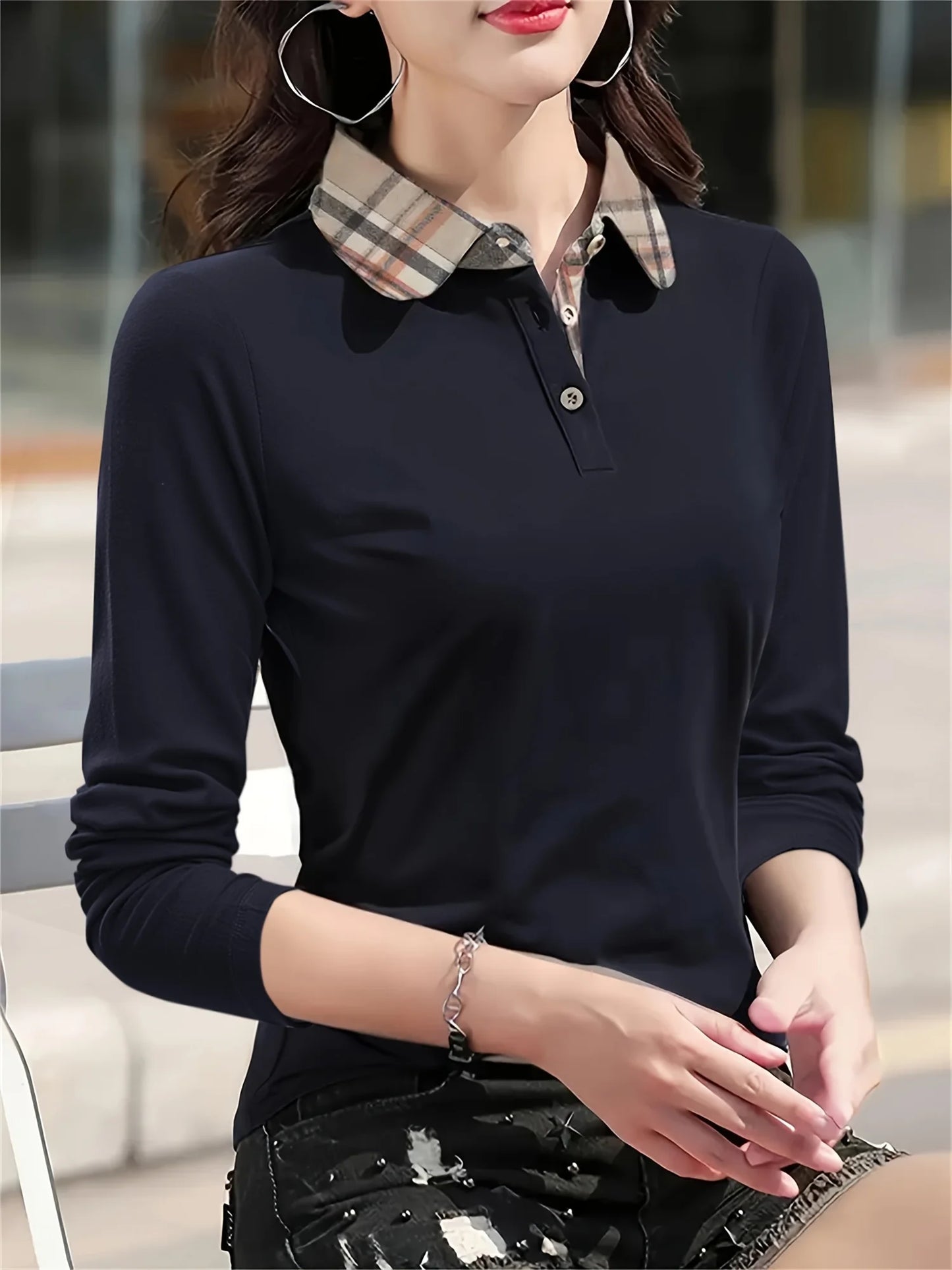 Plaid Collar Polo Shirt — Casual Knitted Long Sleeve Tee