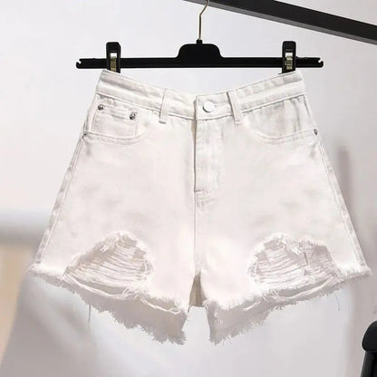 Cowboy Denim Shorts — Korean High Waist Tassel & Ripped Y2K