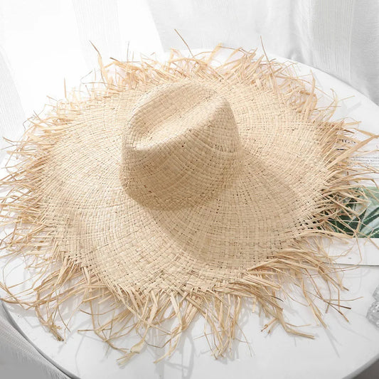 Natural Raffia Wide Brim Hat | Handwoven Straw – Travel & Beach Sun Protection