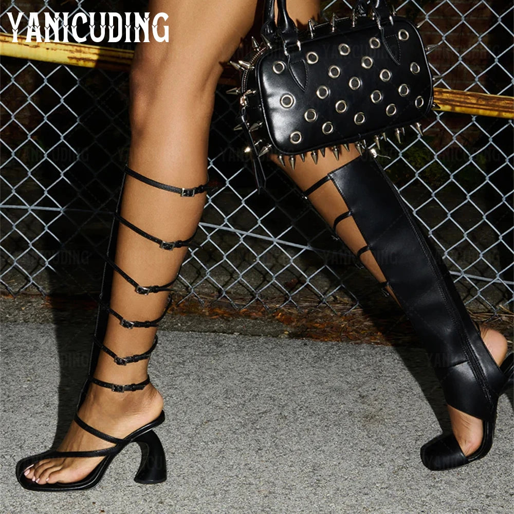 CurveStep | Asymmetrical Gladiator Sandal Boots – Glossy Snakeskin
