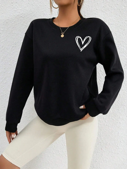 Heart Print Fleece Hoodie — Cute Minimal Style, Warm Casualwear