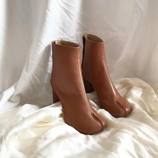 TabiEdge | Split Toe Chunky Heel Leather Boots – Autumn Comfort