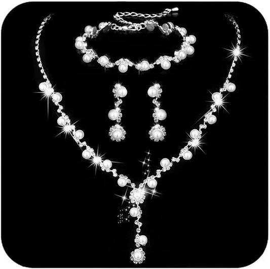Silver Pearl Wedding Set – Formal Jewelry Trio