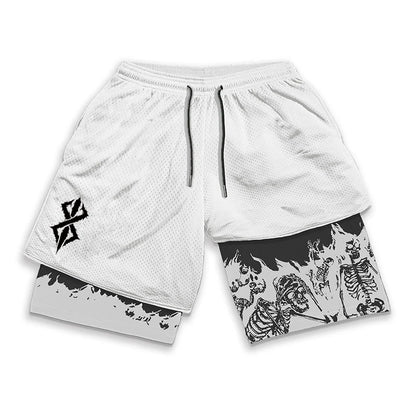 Berserk Skull Print 2-in-1 Running Shorts – Stretch, Quick Dry with Pockets