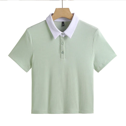 Slim Fit Polo T-shirt — Solid Color Short Style Top