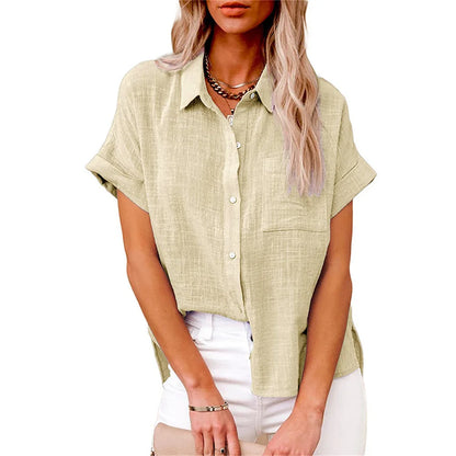 Classic V-Neck Blouse — Short Sleeve, Loose Fit, White