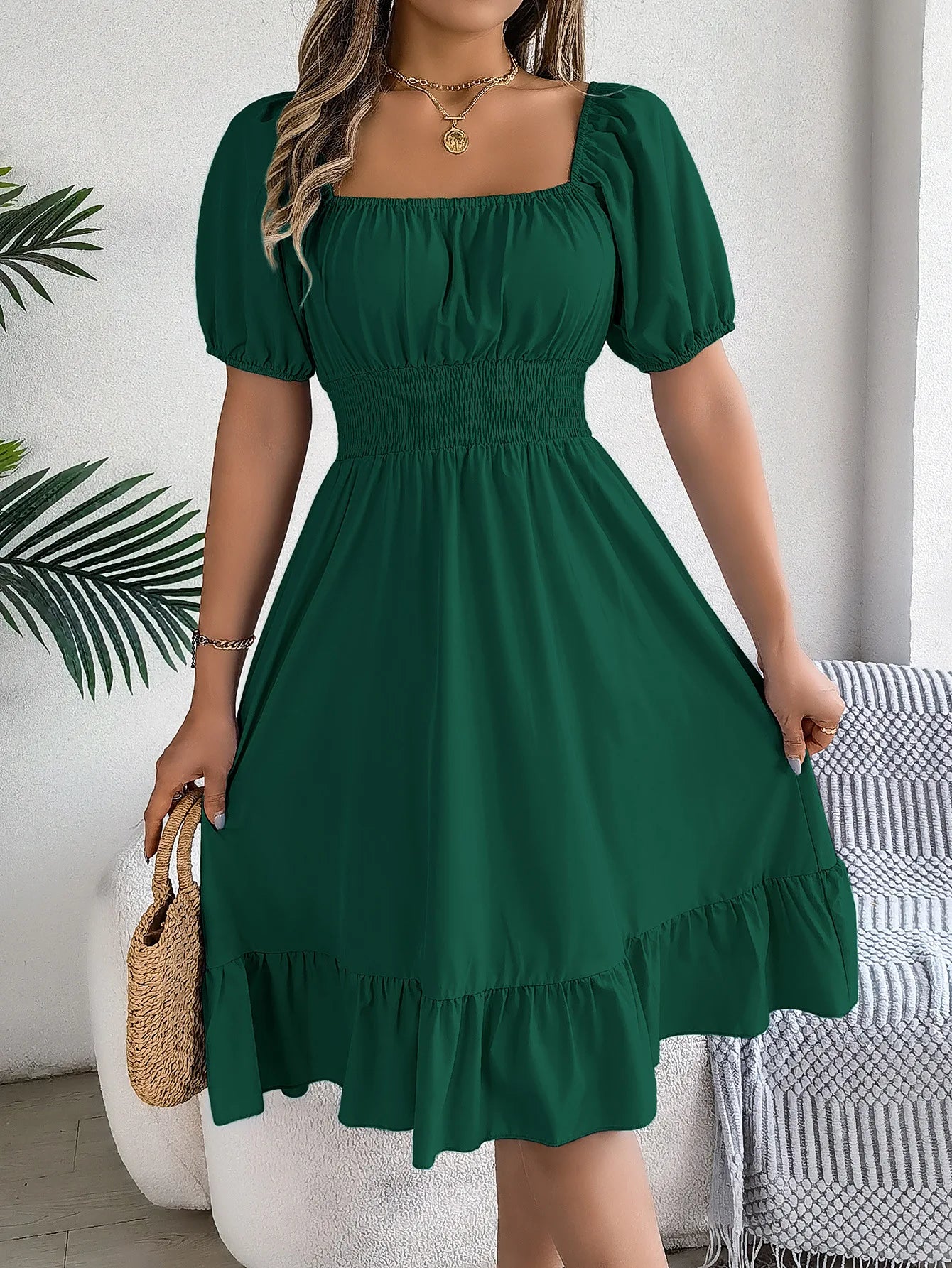 Casual Midi Dress — Square Neck, Short Sleeve, Waist Ruffle Edge