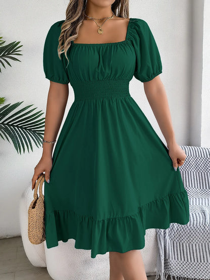 Casual Midi Dress — Square Neck, Short Sleeve, Waist Ruffle Edge
