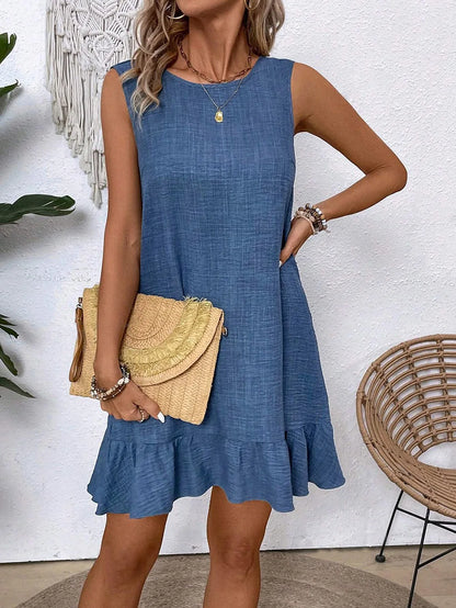 Ruffled Round Neck Mini Dress — Slim Fit Sleeveless High Waist Streetwear