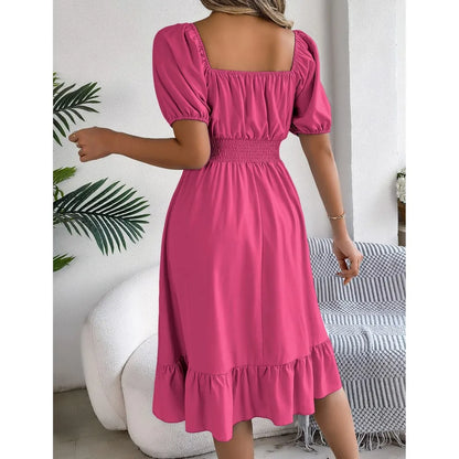 Casual Midi Dress — Square Neck, Short Sleeve, Waist Ruffle Edge