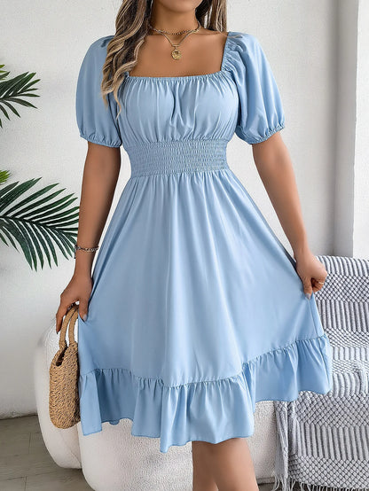 Casual Midi Dress — Square Neck, Short Sleeve, Waist Ruffle Edge