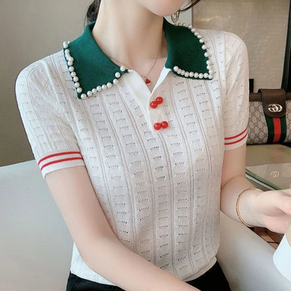 Beaded Polo Collar Top — Ice Silk Summer Sweater