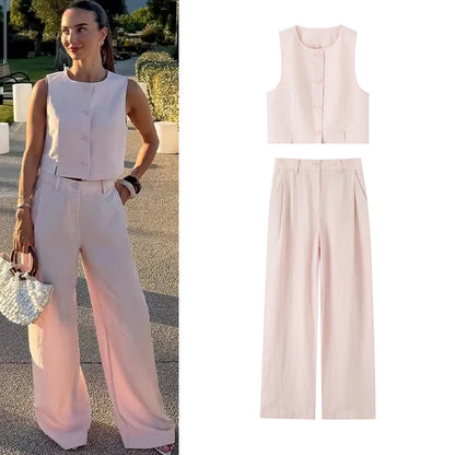 Chic Vest & Pants Suit – Casual V-neck Crop Top + Wide-leg Elastic Waist Pants