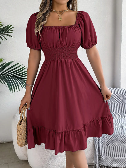 Casual Midi Dress — Square Neck, Short Sleeve, Waist Ruffle Edge